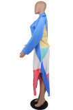 Multicolor Fashion Casual Print Split Joint Turndown Collar Shirt Dress
