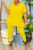 Yellow Casual Solid Patchwork V Neck Plus Size Two Pieces