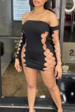 Black Fashion Sexy Solid Bandage Hollowed Out Backless Off the Shoulder Long Sleeve Dresses