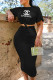 Black Fashion Elegant Print Fold O Neck Short Sleeve Two Pieces