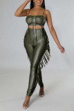 Apricot Sexy Solid Tassel Hollowed Out Patchwork Spaghetti Strap Sleeveless Two Pieces