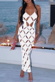 Purple Sexy Solid Hollowed Out Patchwork Spaghetti Strap One Step Skirt Dresses