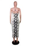 serpentine Fashion Sexy adult Blue Leopard print Black and white purple serpentine Off The Shoulder Sleeveless Slip Step Skirt Mid-Calf Print Patchwork Leopard backless Snake pattern Dresses