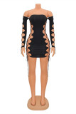 Black Fashion Sexy Solid Bandage Hollowed Out Backless Off the Shoulder Long Sleeve Dresses