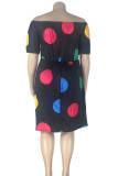 Black Casual Print Polka Dot Patchwork Off the Shoulder Straight Plus Size Dresses