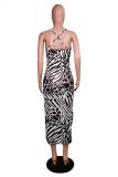 serpentine Fashion Sexy adult Blue Leopard print Black and white purple serpentine Off The Shoulder Sleeveless Slip Step Skirt Mid-Calf Print Patchwork Leopard backless Snake pattern Dresses