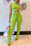 Fluorescent Green Casual Print Patchwork Asymmetrical Half A Turtleneck Sleeveless Two Pieces