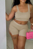 Pink Sexy Solid Bandage Hollowed Out Patchwork U Neck Two Pieces