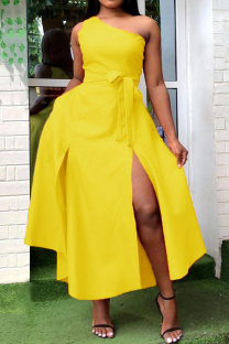 Yellow Sweet Solid Patchwork High Opening One Shoulder Vest Dress Dresses