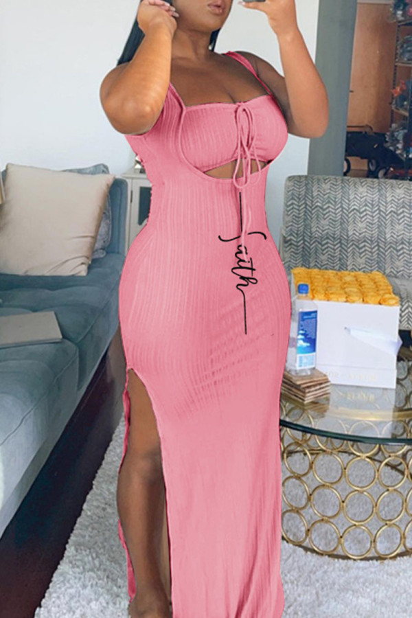 Pink Fashion Sexy Print Bandage Hollowed Out Slit Square Collar Long Dress