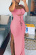 Pink Fashion Sexy Print Bandage Hollowed Out Slit Square Collar Long Dress
