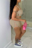Pink Sexy Solid Bandage Hollowed Out Patchwork U Neck Two Pieces