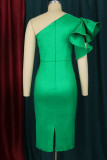 Green Elegant Solid Patchwork Oblique Collar Evening Dress Dresses