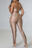 Apricot Sexy Solid Tassel Hollowed Out Patchwork Spaghetti Strap Sleeveless Two Pieces