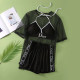 Black Fashion Street Print Letter O Neck Short Sleeve Three Pieces