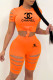 Orange Fashion Sportswear Print Ripped O Neck Short Sleeve Two Pieces