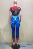 Red Sexy Print Patchwork O Neck Short Sleeve Two Pieces