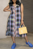 Multicolor Casual Plaid Print Patchwork Buckle Turndown Collar Shirt Dress Dresses