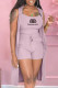 Light Purple Fashion Casual Print Patchwork Spaghetti Strap Sleeveless Three Pieces