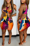 Colour Fashion Sexy Print Tie Dye Hollowed Out O Neck Sleeveless Two Pieces