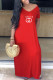 Red Fashion Casual Print Letter V Neck A Line Dresses