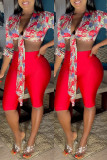 Red Fashion Casual Print Bandage V Neck Long Sleeve Two Pieces
