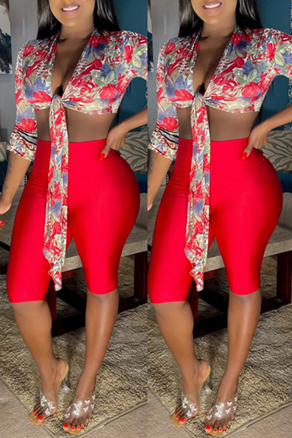 Red Fashion Casual Print Bandage V Neck Long Sleeve Two Pieces