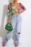 Multicolor Fashion Sexy Print Basic Square Collar Tops