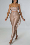 Apricot Sexy Solid Tassel Hollowed Out Patchwork Spaghetti Strap Sleeveless Two Pieces