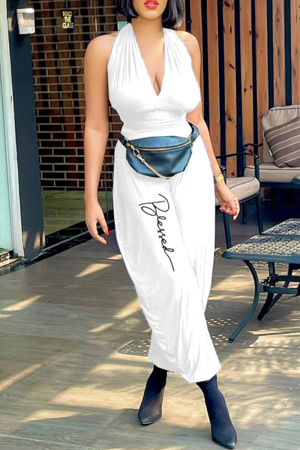 White Fashion Casual Print Backless Halter Regular Jumpsuits
