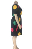 Black Casual Print Polka Dot Patchwork Off the Shoulder Straight Plus Size Dresses