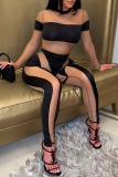 Black Sexy Solid Mesh O Neck Skinny Jumpsuits
