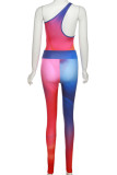 Blue Sexy Print Patchwork Oblique Collar Sleeveless Two Pieces