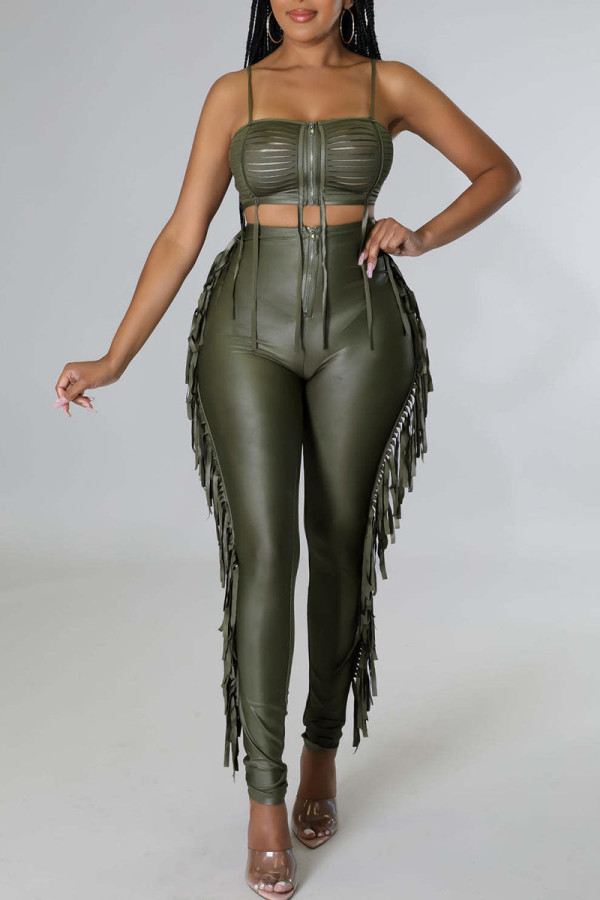 Green Sexy Solid Tassel Hollowed Out Patchwork Spaghetti Strap Sleeveless Two Pieces