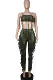Apricot Sexy Solid Tassel Hollowed Out Patchwork Spaghetti Strap Sleeveless Two Pieces
