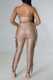 Apricot Sexy Solid Tassel Hollowed Out Patchwork Spaghetti Strap Sleeveless Two Pieces