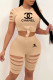 Khaki Fashion Sportswear Print Ripped O Neck Short Sleeve Two Pieces