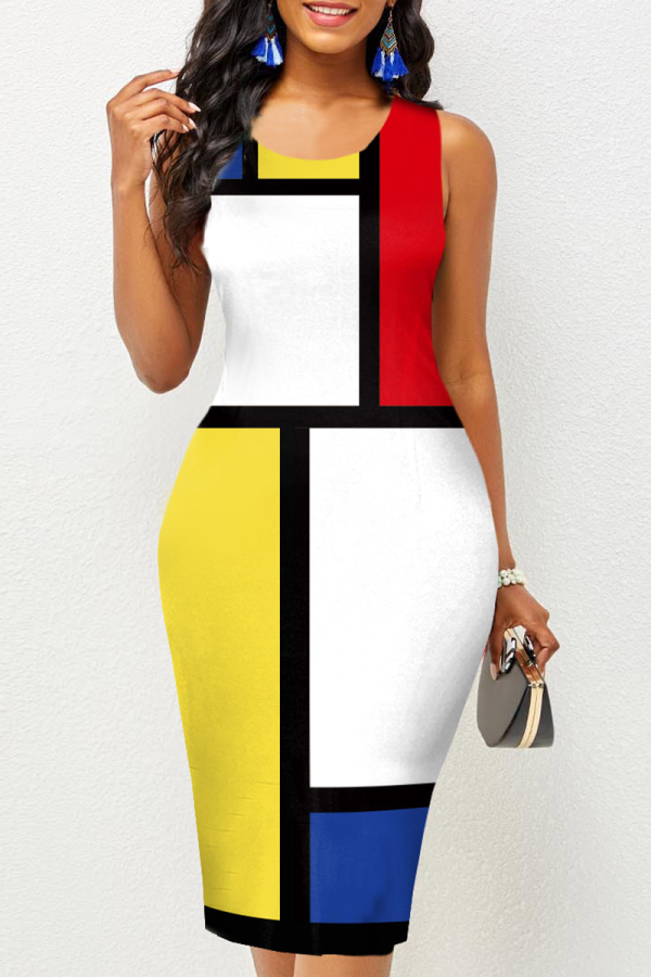 Multicolor Sexy Print Patchwork O Neck Pencil Skirt Dresses