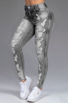 Grey Fashion Casual Solid Ripped Patchwork High Waist Skinny Denim Jeans