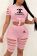 Pink Fashion Sportswear Print Ripped O Neck Short Sleeve Two Pieces