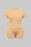 Khaki Fashion Casual Solid Patchwork Basic O Neck Plus Size Two Pieces