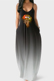 Rose Red Sexy Casual Gradual Change Print Basic Spaghetti Strap Long Dress