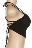 Black Sexy Solid Hollowed Out Patchwork Halter Tops