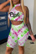 Purple Green Fashion Casual Letter Print Tie-dye Backless Half A Turtleneck Sleeveless Two Pieces