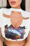 Fuchsia Sexy Print Hollowed Out O Neck T-Shirts