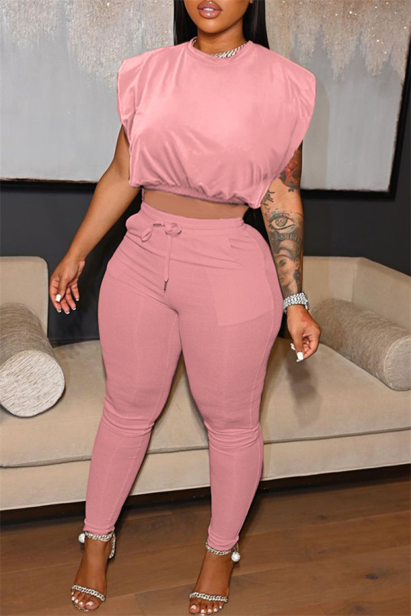 Pink Fashion Casual Solid Basic O Neck Sleeveless Two Pieces