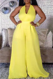 Yellow Fashion Casual Solid Bandage Patchwork Backless Halter Regular Jumpsuits