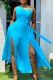 Sky Blue Sweet Solid Patchwork High Opening One Shoulder Vest Dress Dresses