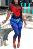 Red Sexy Print Patchwork O Neck Short Sleeve Two Pieces