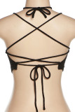 Black Sexy Solid Hollowed Out Patchwork Halter Tops